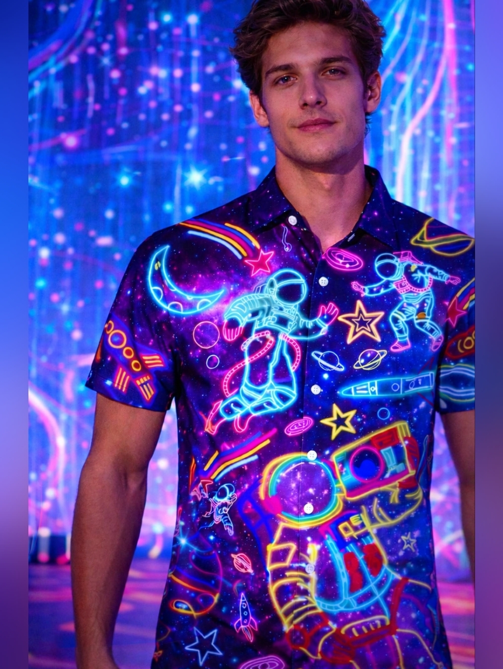 Neon Space Print Short Sleeve Shirt - Black/Purple